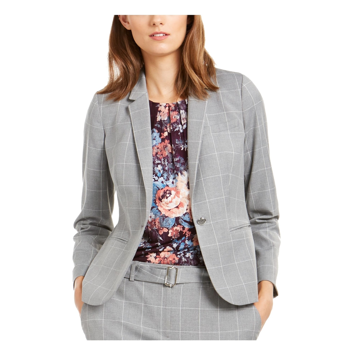 CALVIN KLEIN Womens Gray Pinstripe Suit Wear To Work Jacket Size 14P