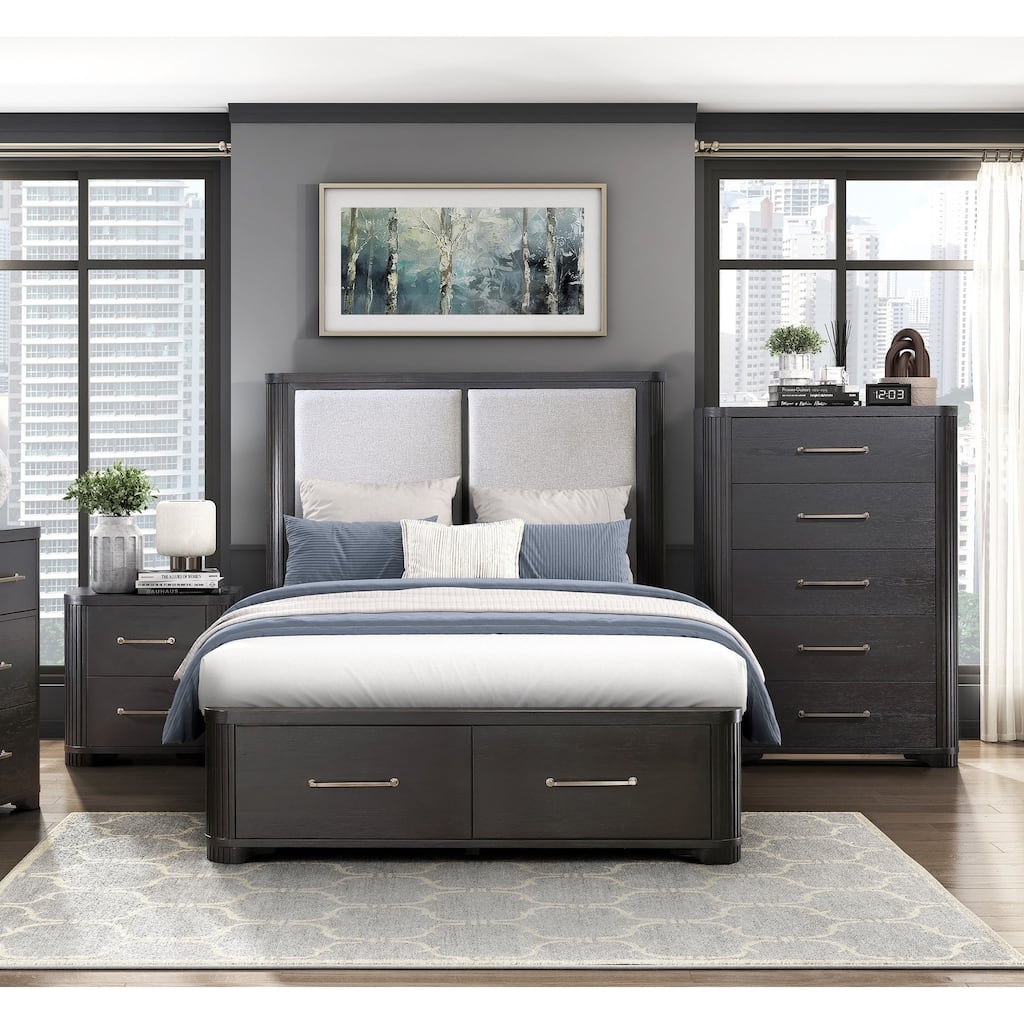 3pc Set Bedroom Furniture Platform Bed Storage Chest Nightstand Charcoal Finish