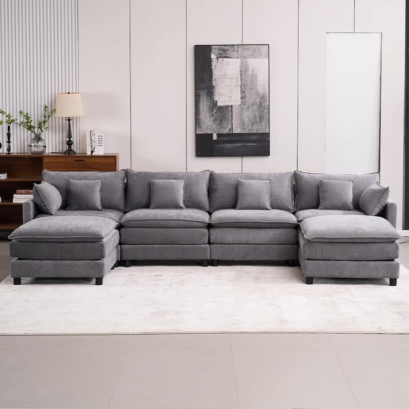 131.89" Chenille U-Shaped Sectional Sofa Bed with Sleeper & Iron Frame Support - Grey