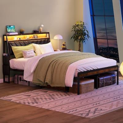 Queen Size Platform Bed with Tilted Upholstered Headboard, Charging & LED Lights