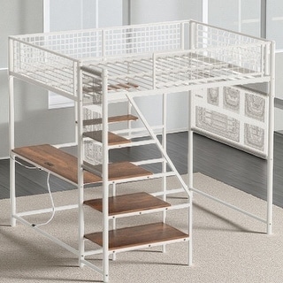 Full Size Metal Loft Bed with Built-In Desk, RGB LED Lights, Charging Station, and Sturdy Guardrails, Bedroom Furniture