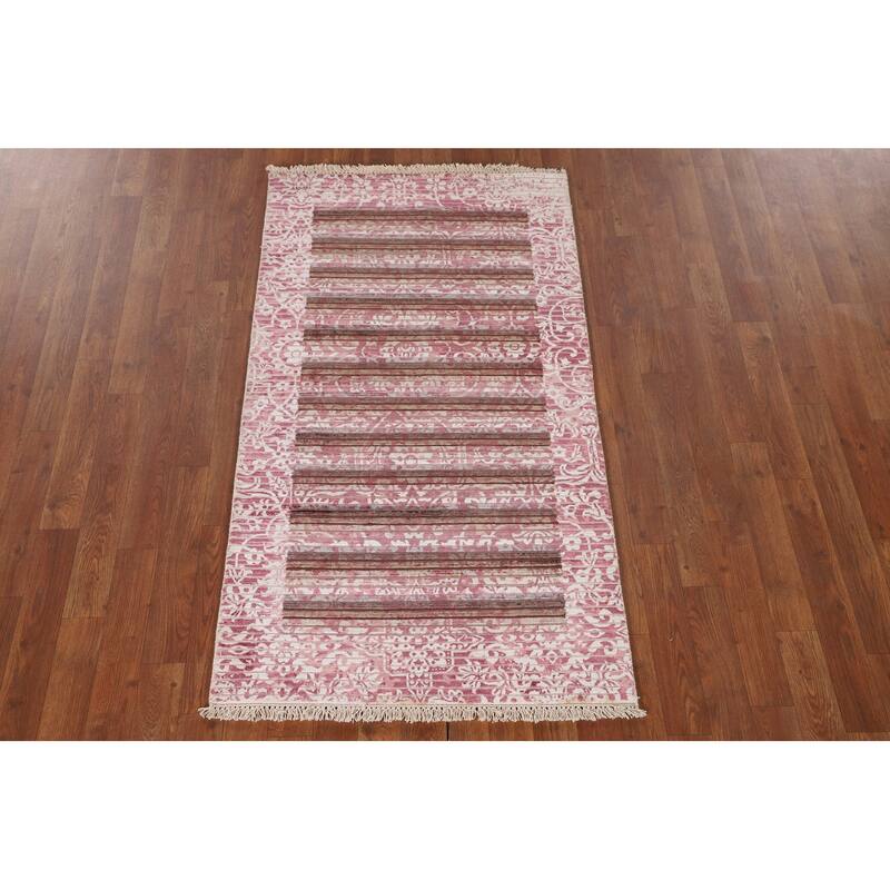 Striped Pink Abstract Modern Accent Rug Handmade Wool Carpet - 2'7"x 4'9"