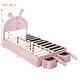 dimension image slide 0 of 4, Velvet Upholstered Bed with Rabbit Ears Shaped Headboard, Kids Cute Bed Frame, Platform Bed with 2 Storage Stools