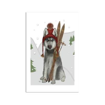 Husky Skiing Fine Art Paper Print by Fab Funky - Multi
