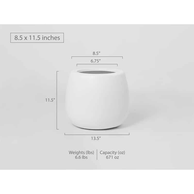 Short Narrow Mouth Globe 1- Piece Fiber Stone Round Planter Pot - 11.5 in. H x 8.5 in. W x 8.5 in. L - White