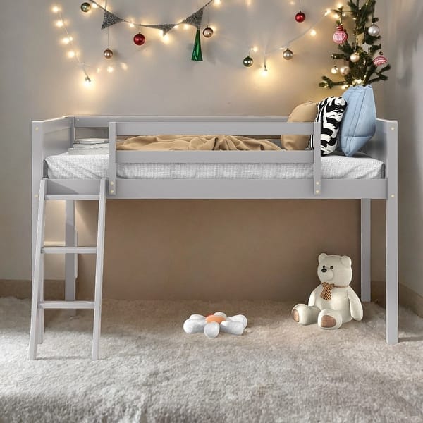 slide 2 of 14, Artsy Twin Size Wood Low Loft Bed with Convertible Ladder, ladder can be placed on the left or right, Safety Guaranteed, Gray Grey
