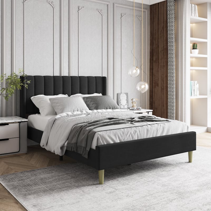 Aufank Bed Frame Upholstered Platform with Wooden Slats, Noise-Free - Black - Full