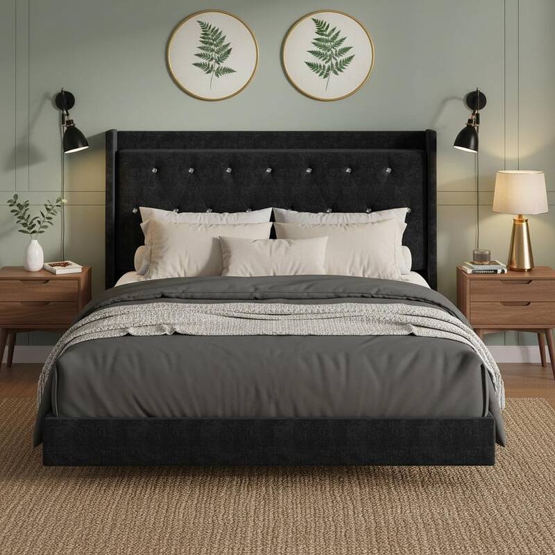 Bed Frame with LED Lights and Wingback - Black - Full