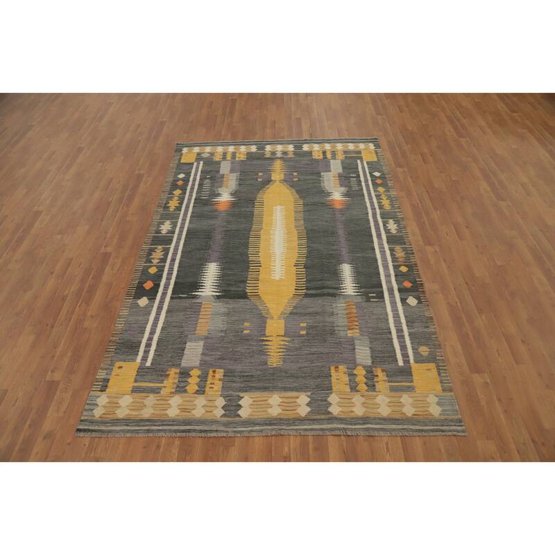 Hand Woven Oriental 100% Wool Carpet Southwestern Tribal Greys & Charcoal Kilim Area Rug - 9' 2'' X 5' 11''