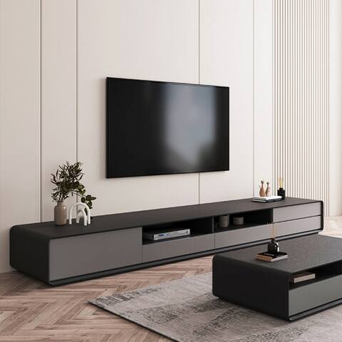 Modern Wood White TV Stand, Lowline Media Console with 4 Drawers, Open Storage Cabinet, Walnut Veneer, Fully-assembled, 78"