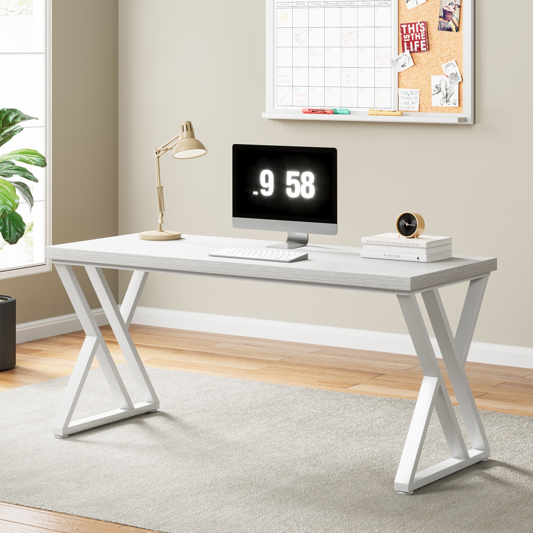  Tribesigns Computer Desk, 55 inch Large Office Desk Computer  Table Study Writing Desk for Home Office, White + White Leg : Home & Kitchen