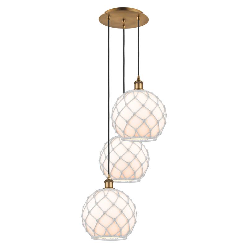 Innovations Lighting Endless Possibilities Ballston - Farmhouse Rope - 3 Light 17" Cord Hung Multi Pendant - Brushed Brass/White Glass with White Rope