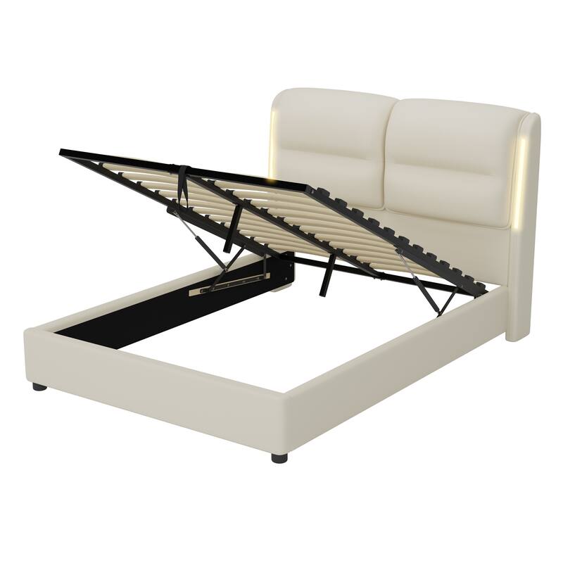 Roomfitters Upholstered Queen Size Hydraulic Platform Bed with Lift Up Storage and Sensor LED Lights,PU Leather Bed Frame