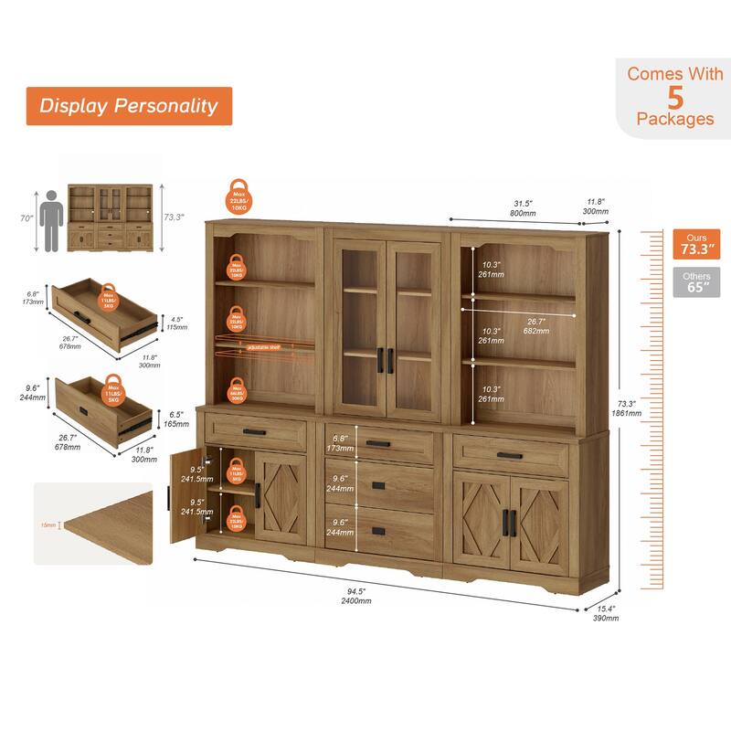 3-Column 73.3" Tall Bookshelf Set with Open Storage and Glass Doors