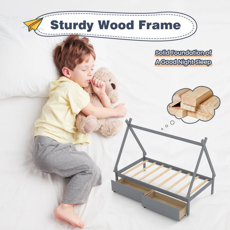 Kids Twin Size Wooden House-Shaped Platform Bed with Storage Drawers for Boys and Girls