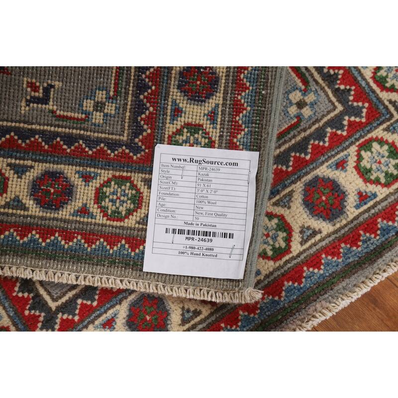 Gray Kazak Oriental Rug Handmade Traditional Wool Carpet - 2'0"x 3'0"