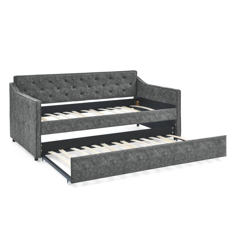Roomfitters Twin Upholstered Daybed with Twin Trundle, Tufted Backrest and Elegant Waved Arms