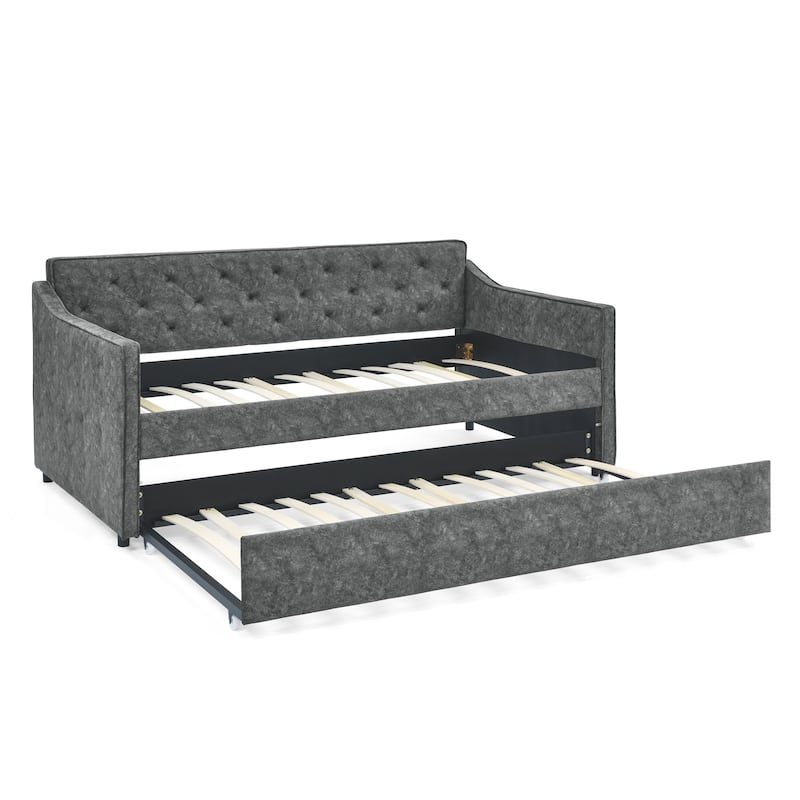 Twin Size Daybed with Twin Size Trundle Upholstered Tufted Sofa Bed, Waved Shape Arms, Grey (80.5"x44.5"x33.5")