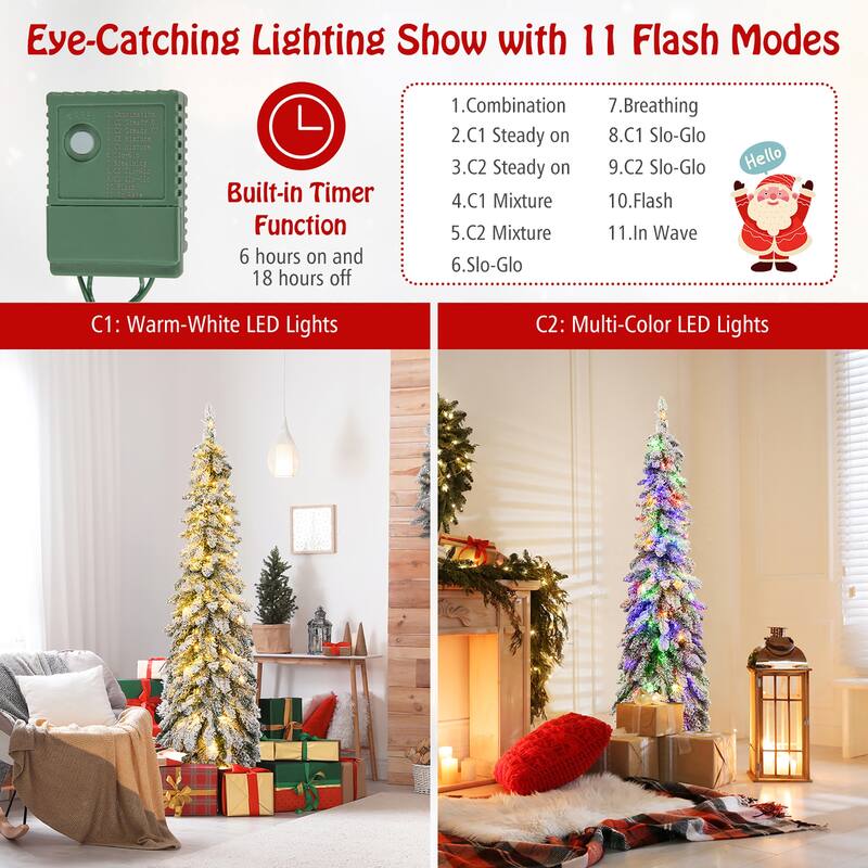 Gymax 4/5/6 FT Pre-Lit Artificial Christmas Tree Snow-Flocked Slim