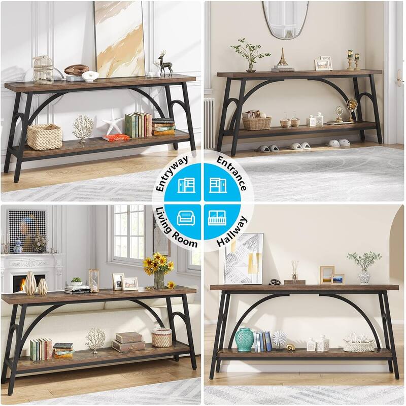 70.8" Rustic Brown & Black 2-Tier Extra Long Console Table, Industrial Sofa Table or TV Stand for Entryway or Living Room