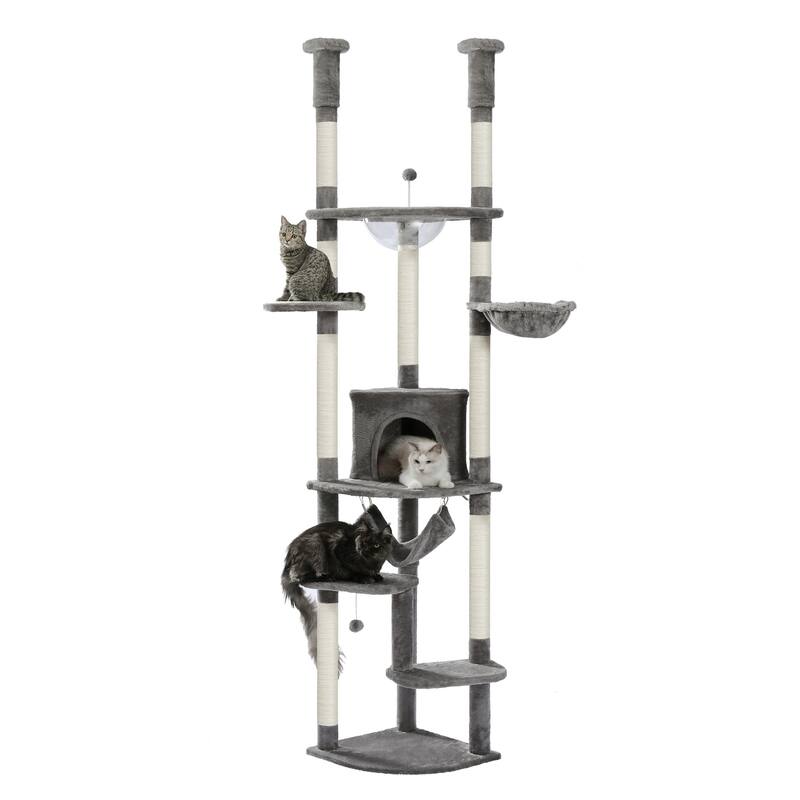 Height Adjustable Cat Tree with Scratching Posts, Cozy Condo, Perches & Hammoc - Grey