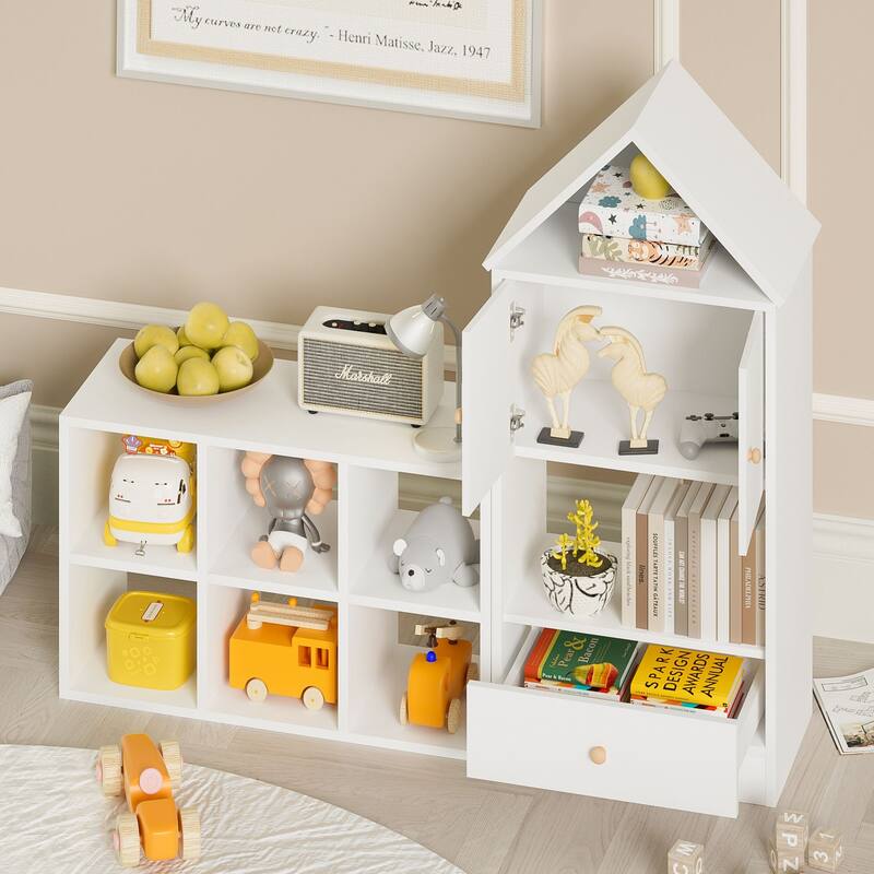 MVersatile Kids Bookshelf House Shape Toy Organizer for Bedroom Playroom