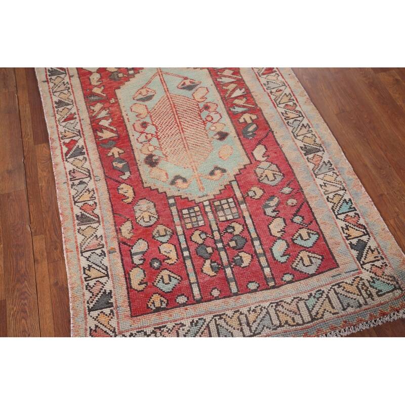 Red Hamedan Persian Vintage Runner Rug Hand-Knotted Wool Carpet - 3'3" x 10'3"
