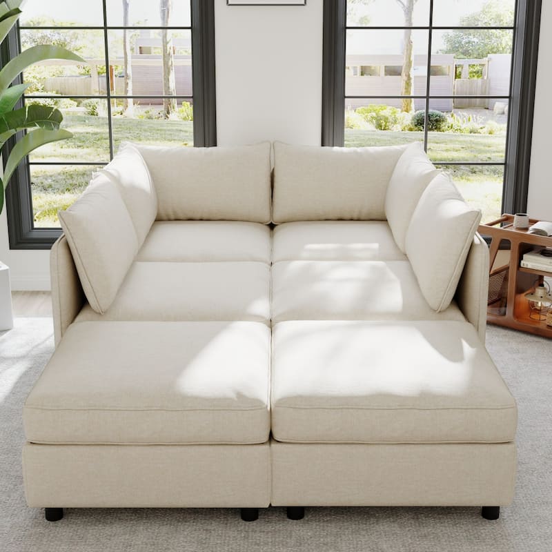 129" Chenille Sectional Sofa with Storage and Two Ottomans