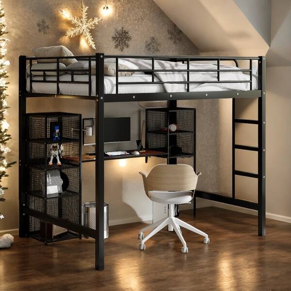 slide 2 of 32, Industrial Modern Full Size Metal Loft Bed with Built-in Desk and Shelves, Space-saving Functionality, High Security, Black