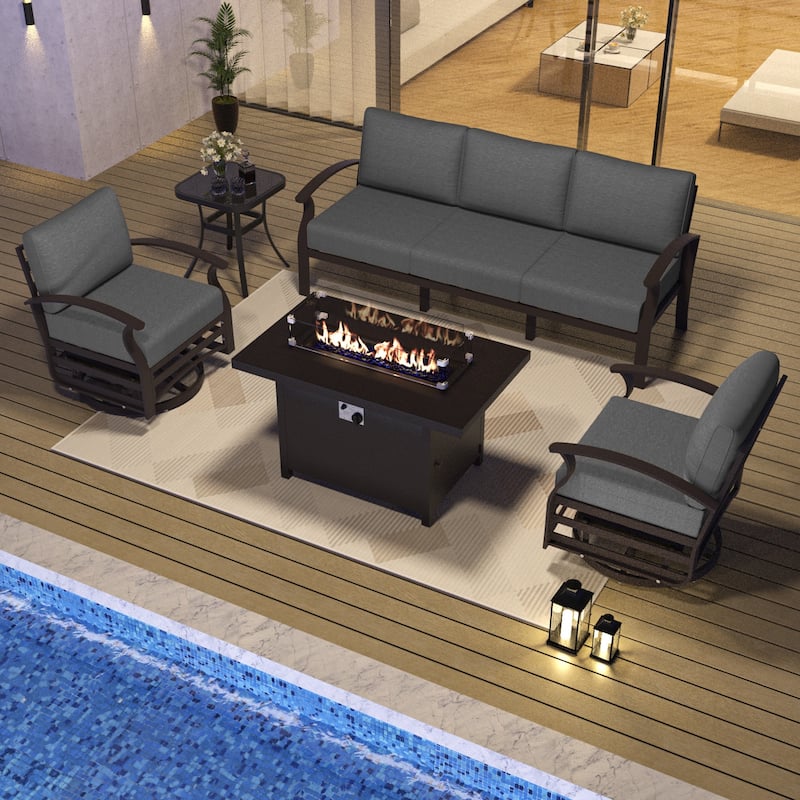 Aluminum Patio Outdoor Sectional Sofa Set with Fire Pit, Swivel Rocking Chairs and Ottomans