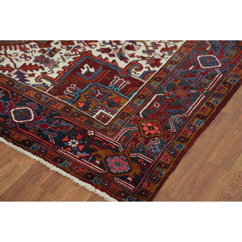 Red Geometric Heriz Serapi Persian Vintage Rug Handmade Wool Carpet - 7'5" x 9'11"