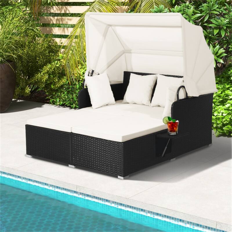 Rattan Daybed Lounge with Retractable Canopy and Side Tables - 65" x 60.5 x 58.5" - White