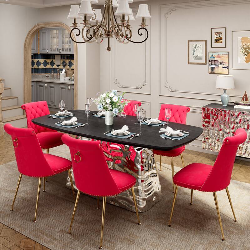 7-Piece Clihome Modern Stainless Steel Table Velvet Chair Dining Set