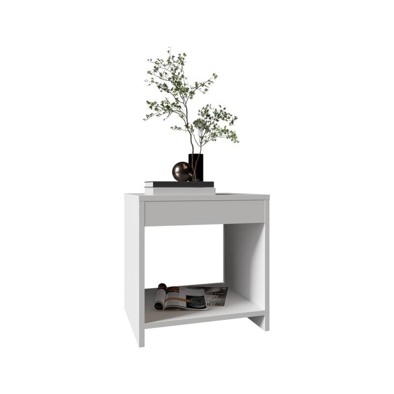 Compact Night Table with Spacious Shelf, White, Modern Style