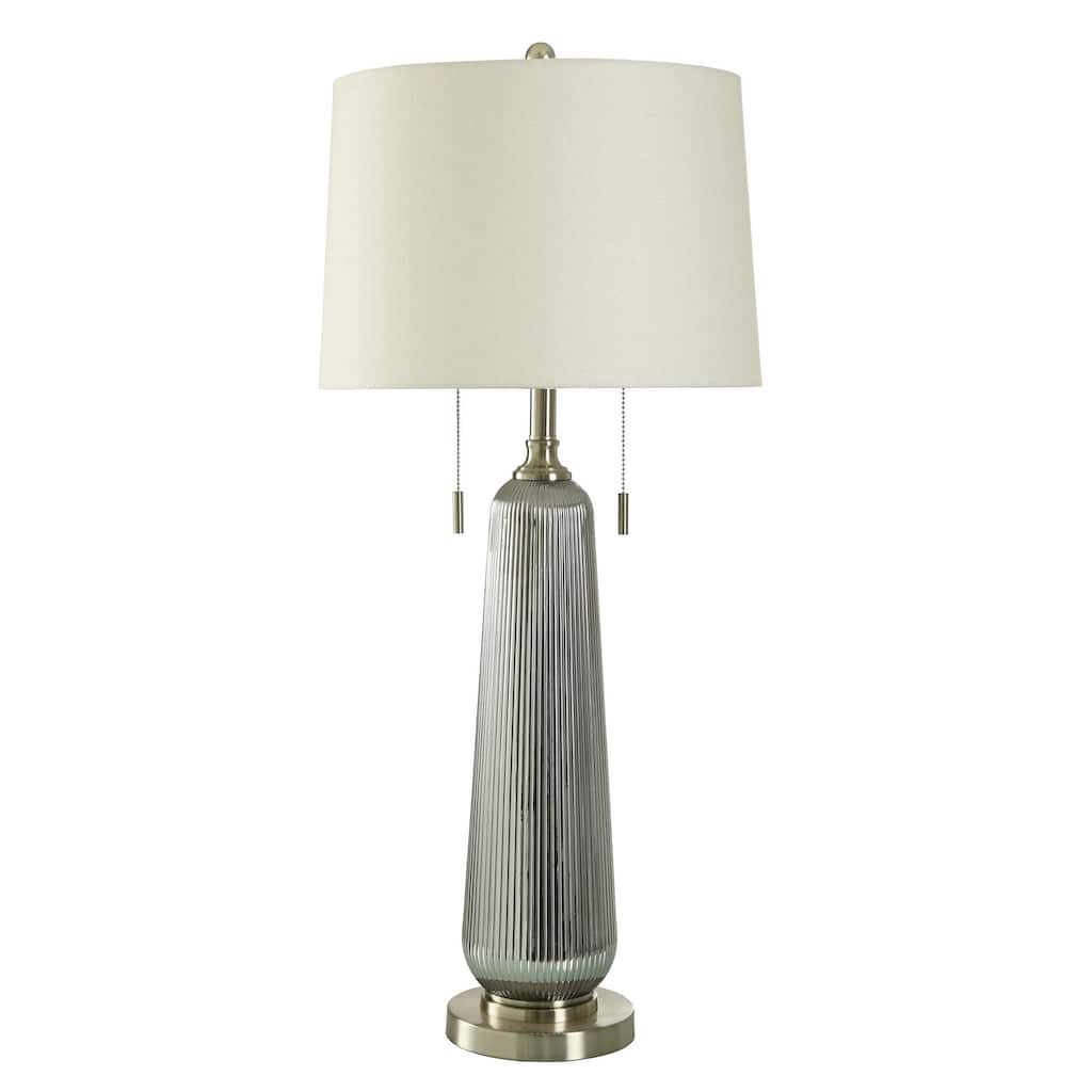Lumi Silver - Silver Ribbed Glass Table Lamp - Off-White Shade