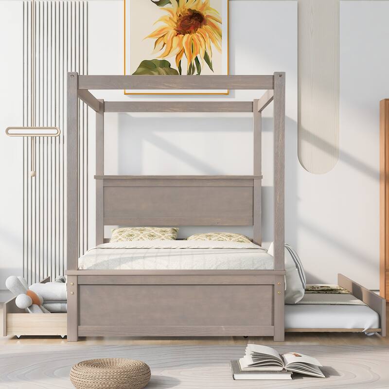 Wood Canopy Bed with Trundle Bed and two Drawers, Canopy Platform bed With Support Slats .No Box Spring Needed