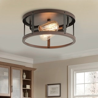 Farmhouse 2-Light Black Openwork Metal Frame Flush Mount Light Fixture ...