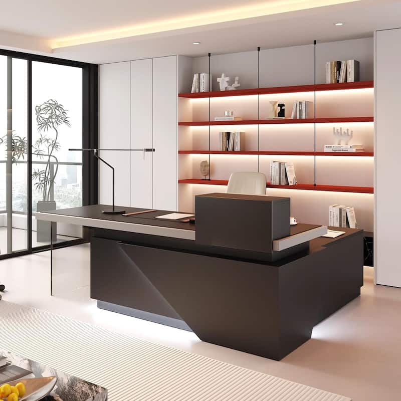 Black L Shaped Office Industrial Executive Desk with Cable Box Socket and LED Light