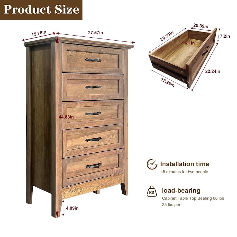 5 Drawers Tall Dresse, Wood Vintage Dresser, with Metal Handle