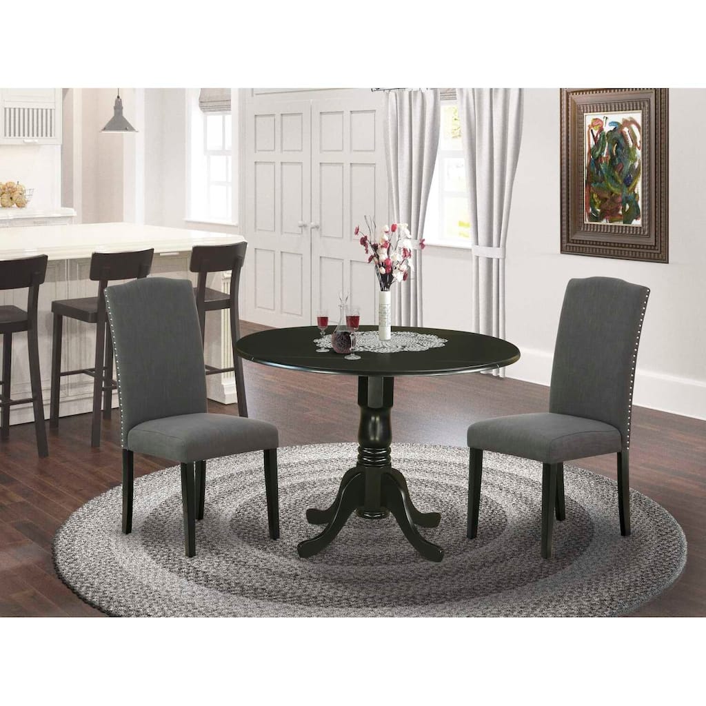 HomeStock 3-Piece Round Black Finish Solid Wood Top Dining Table with 2 Parson Chairs with Drop Leaf