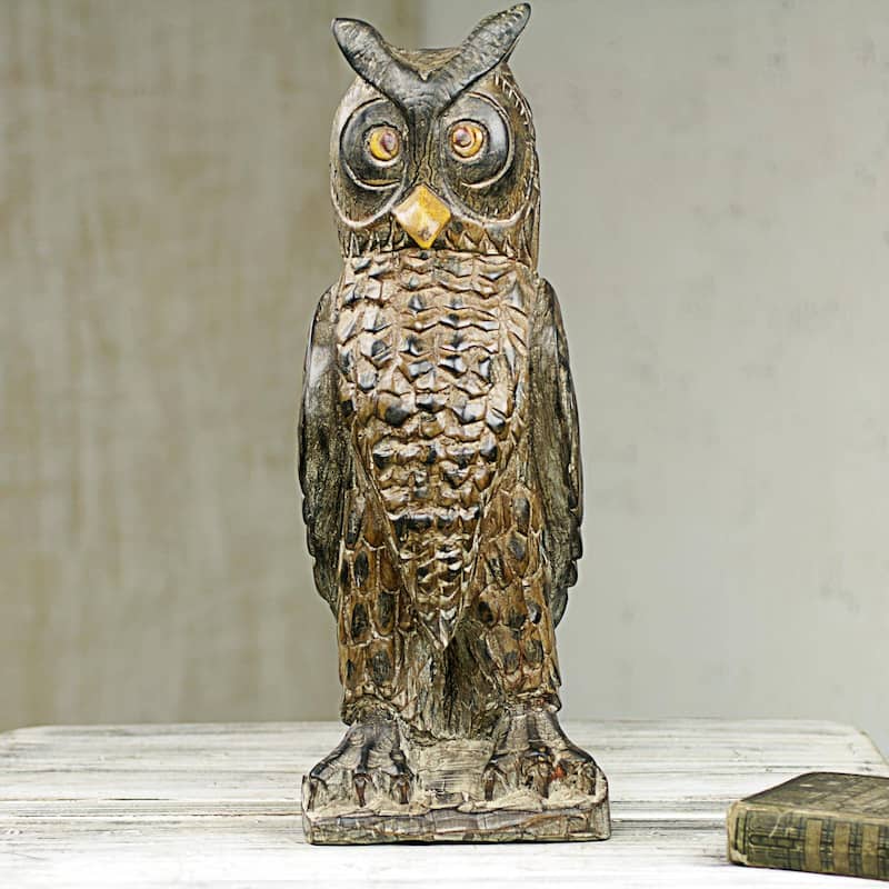 Handmade Watchful Owl Wood sculpture (Ghana) - 51 x 18 x 13