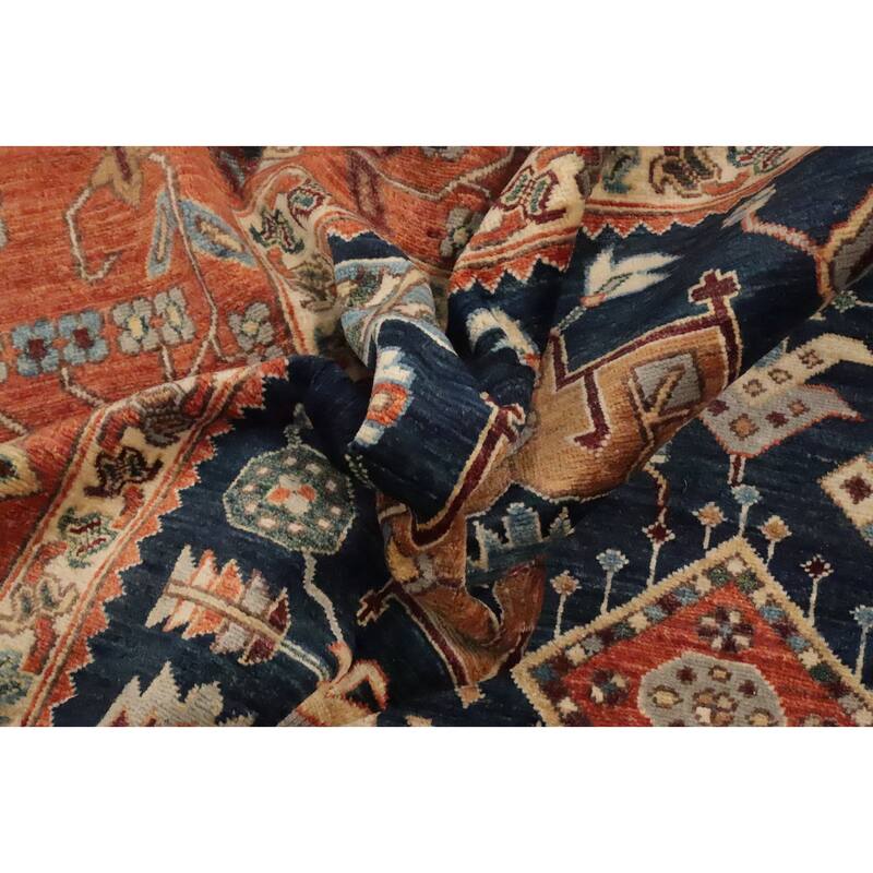 Hand Knotted Oriental 100% Wool Carpet Traditional All-Over Navy Blue & Blues Heriz (serapi) Area Rug - 13' 8'' X 10' 1''