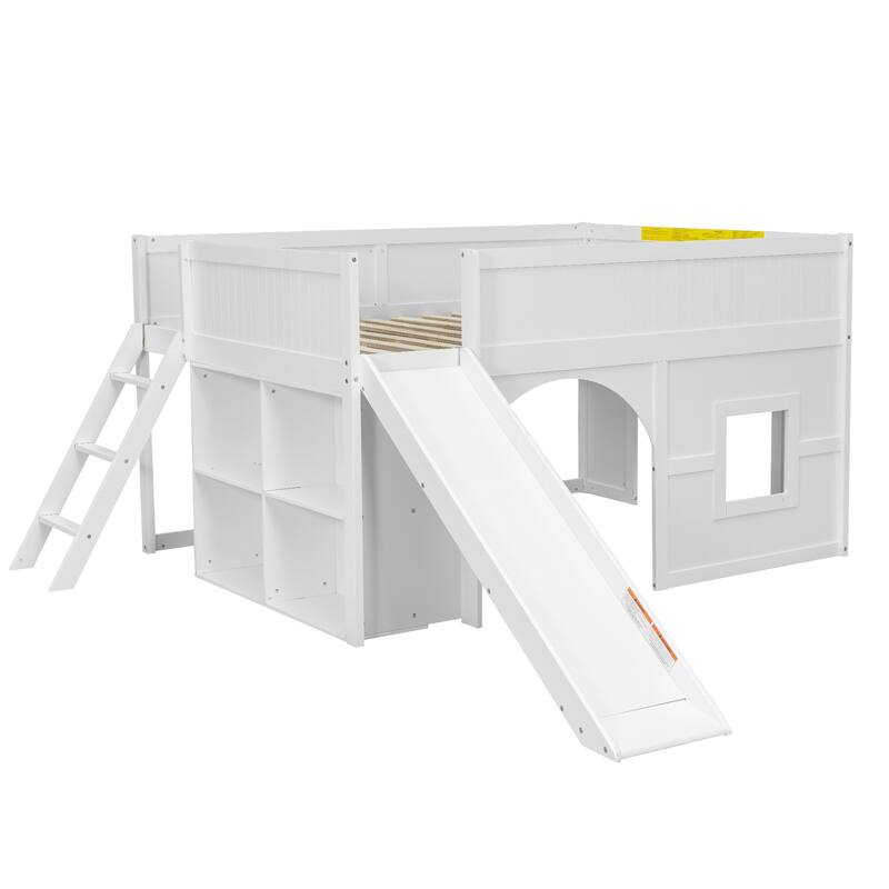 GDFStudio - PlayHaven Modern Wooden Low Loft Bed with Storage Shelves and Slide