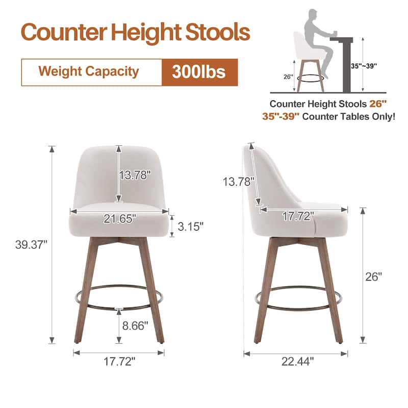 26" Counter Height Swivel Bar Stool, Upholstered Counter Stools - 39.37" (H) x 22.44" (D) x 21.65" (W)