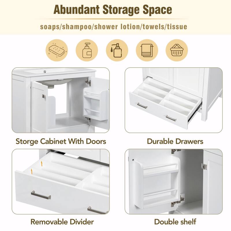 36"/30" Bathroom Vanity with Ceramic Sink, Soft-Close Doors, Double Storage Shelves & Divided Drawer