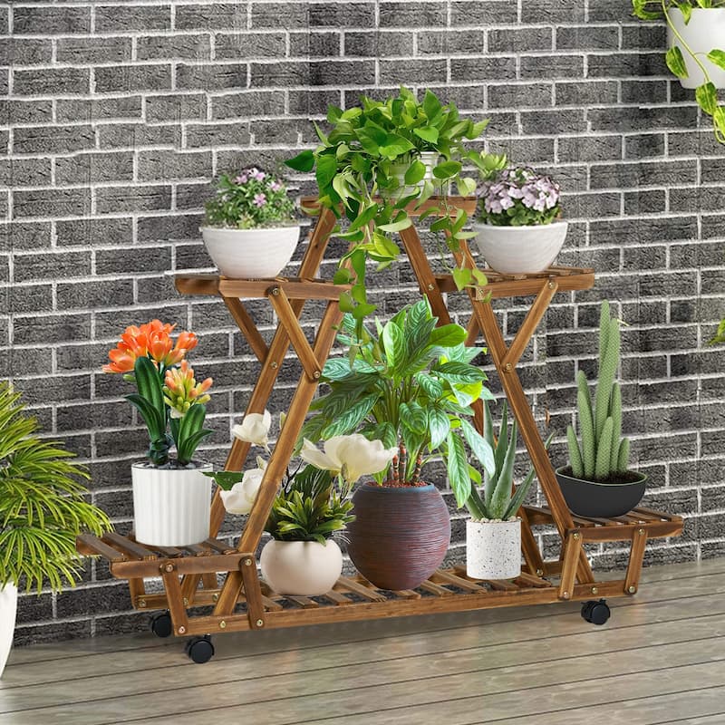 Movable Wood Flower Shelf Plant Display Stand Outdoor Indoor
