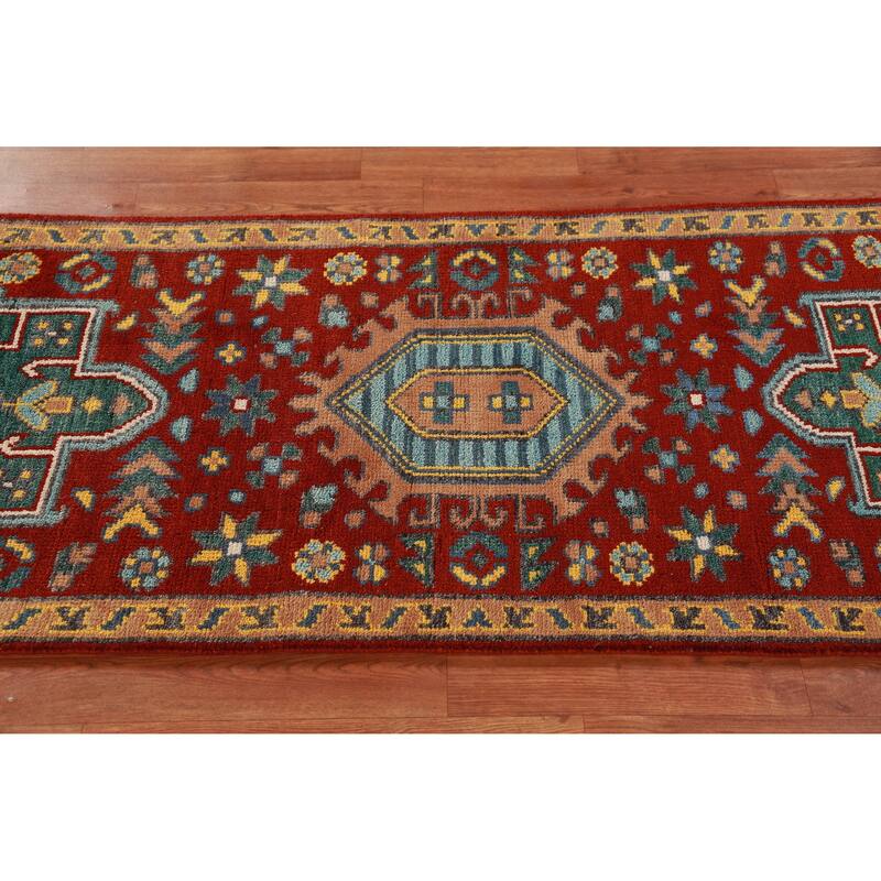 Red Geometric Khotan Indian Runner Rug Hand-Knotted Wool Carpet - 2'7"x 7'8"