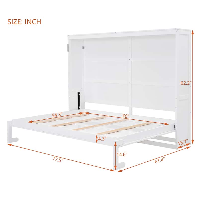 Space-Saving Full Size Wall Bed with Flexible Slats, White/Gray