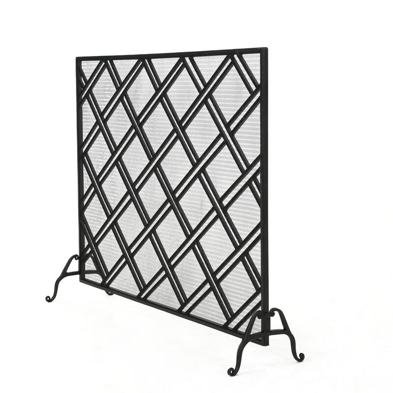Roomfitters Single Panel Iron Fireplace Screen, Modern Diagonal Lattice Geometric Spark Guard for Hearth Safety, Mesh, Black