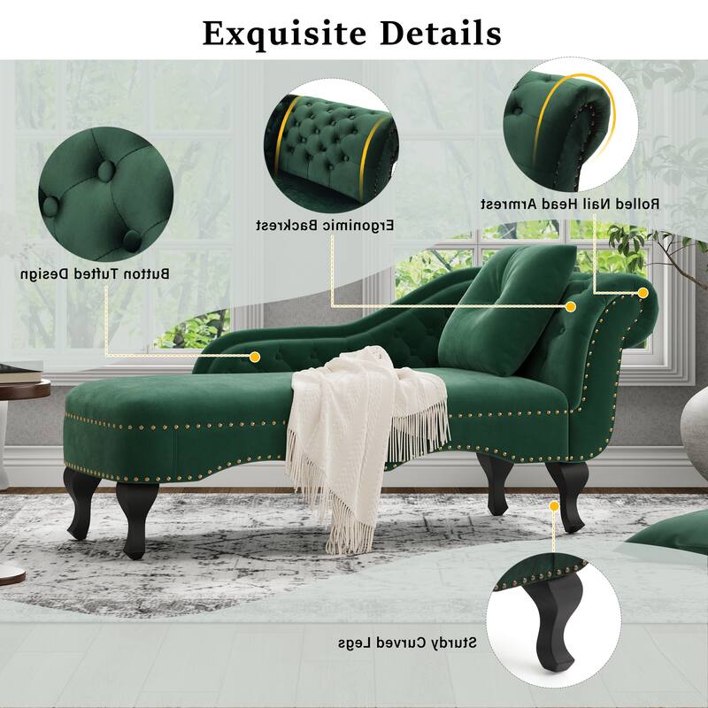 Christopher Knight Home - Bressi Modern Velvet Upholstered Chaise Lounge with Tufted Backrest, Nailhead Trim & Pillow